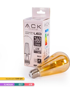 ACK ST64 RUSTIK LED AMPUL 2700K SARI IŞIK 360LM 220-240V 4W E27