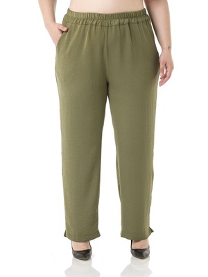 Disentis Modest Büyük Beden Beli Lastikli Cepli Paçası Yırtmaçlı Keten Aerobin Haki Pantolon