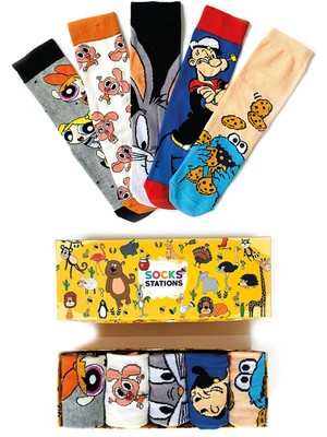 Socks Stations Çizgi Karakterler Desenli Çorap Renkli Çorap Kutusu Pamuk Tasarım Erkek Çorap ve Şekilli Kadın Çorap 5’li Set