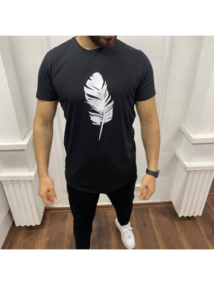 Yonez Moda Erkek Siyah Tüy Baskili T-Shirt
