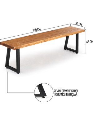 Flora Wood Doğal Ahşap Ladin Kütük Ağaç Bench Bank Eğik U Ayak 140 x 32 cm