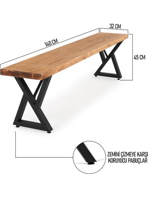 Flora Wood Doğal Ahşap Ladin Kütük Ağaç Bench Bank Çift Üçgen Z Ayak 140 x 32 cm