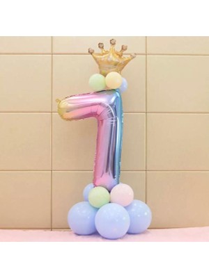 Bal10 Dünyası 7 Yaş Gökkuşağı Rakam ve Kral Tacı Folyo Balon Doğum Günü