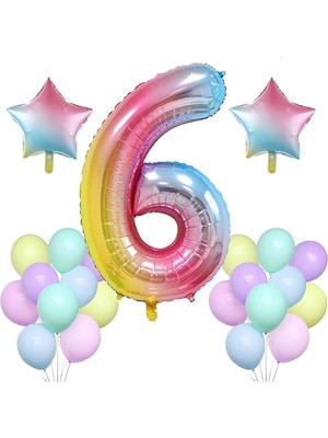 Bal10 Dünyası Gökkuşağı Konsepti 6 Yaş Doğum Günü Parti Kutlama Seti; Rakam ve Yıldız Folyo,pastel Balon