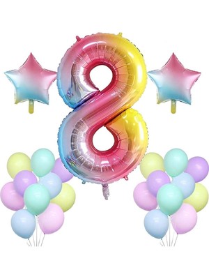 Bal10 Dünyası Gökkuşağı Konsepti 8 Yaş Doğum Günü Parti Kutlama Seti; Rakam ve Yıldız Folyo,pastel Balon