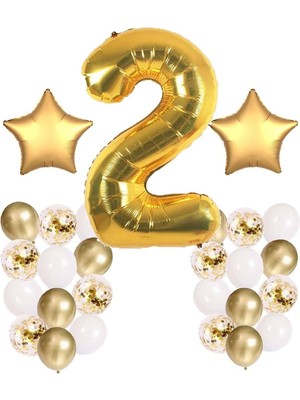 Bal10 Dünyası Gold Konsept 2 Yaş Doğum Günü Kutlama Seti; Beyaz Gold Konfetili Balon, Rakam Yıldız Folyo