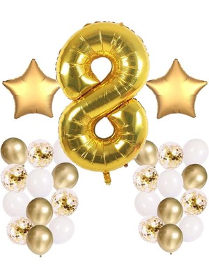 Bal10 Dünyası Gold Konsept 8 Yaş Doğum Günü Kutlama Seti; Beyaz Gold Konfetili Balon, Rakam Yıldız Folyo