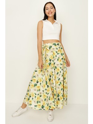 Select Moda Kadın Sarı Çiçek Desenli Kuşaklı Volanlı Uzun Etek