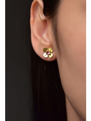 Papatya Silver  925 Ayar Gümüş Gold Kaplama Hediyeli Ekim Ayı Doğum Taşlı Frezya Çiçeği Küpe