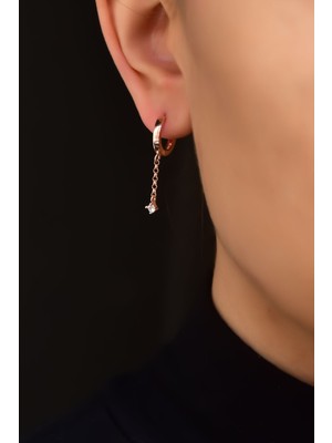 Papatya Silver  925 Ayar Gümüş Rose Kaplama Zincir Tektaş Sallantılı Halka Küpe