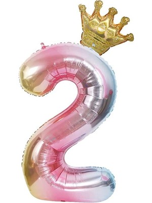 2 Yaş Gökkuşağı Rakam ve Kral Tacı Folyo Balon Doğum Günü Parti Kutlama Seti