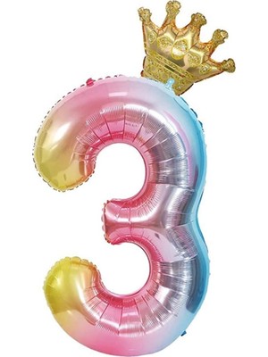 3 Yaş Gökkuşağı Rakam ve Kral Tacı Folyo Balon Doğum Günü Parti Kutlama Seti