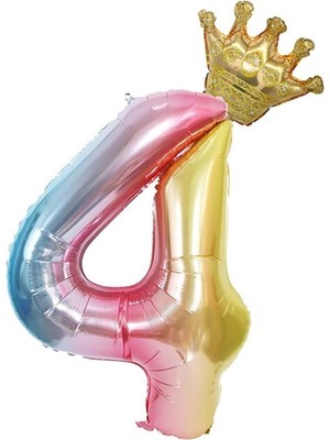 4 Yaş Gökkuşağı Rakam ve Kral Tacı Folyo Balon Doğum Günü Parti Kutlama Seti