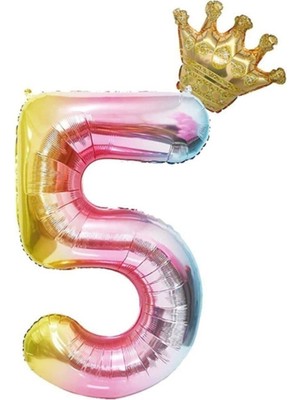 5 Yaş Gökkuşağı Rakam ve Kral Tacı Folyo Balon Doğum Günü Parti Kutlama Seti