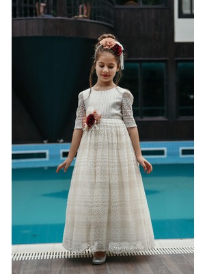 Mialora Exclusive Ekru, Taçlı, Vintage Kız Çocuk Elbisesi, Abiye Elbise.