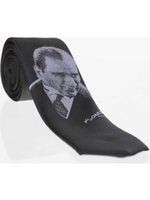Gaffy Atatürk ve Imza Desenli Dokuma Siyah Kravat