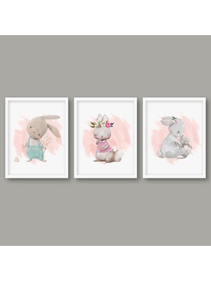 Bianne Atölyesi 3'lü Tavşan Ailesi Bebek ve Çocuk Odası Pano Seti Beyaz Çerçeve 50X70