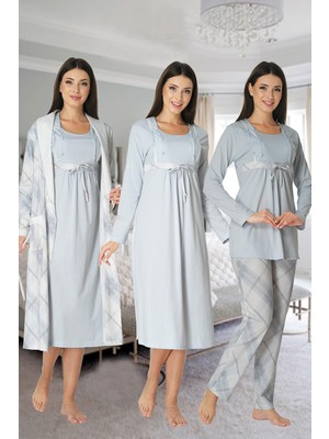 Effortt 8086 Ekose Lohusa Pijama Gecelik Sabahlık Lohusa Seti