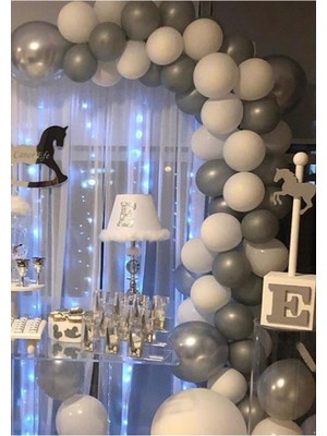 Bal10 Dünyası Pastel Gri Beyaz Balon 60 Adet + 5 Mt. Balon Zinciri