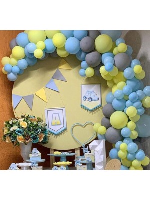 Bal10 Dünyası Pastel Mavi-Sarı- Gri Balon 70 Adet + 5 Mt. Balon Zinciri