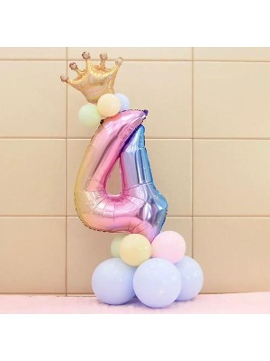 Bal10 Dünyası 4 Yaş Gökkuşağı Rakam ve Kral Tacı Folyo Balon Doğum Günü