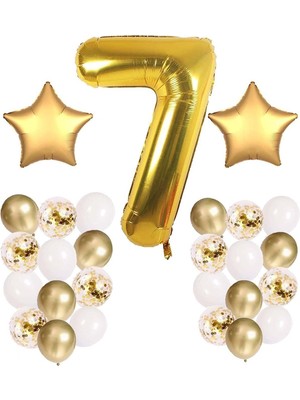 Bal10 Dünyası Gold Konsept 7 Yaş Doğum Günü Kutlama Seti; Beyaz Gold Konfetili Balon, Rakam Yıldız Folyo