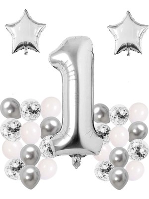 Bal10 Dünyası Gümüş Konsept 1 Yaş Doğum Günü Kutlama Seti; Beyaz Gümüş Konfetili Balon, Rakam Yıldız Folyo