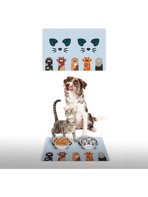 Water Food Kedi Köpek Mavi Patili Dijital Baskılı 35X50 Dekoratif Çok Amaçlı Mama Altlığı Mama Paspası
