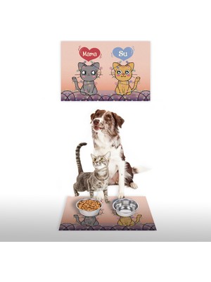 Water Food Kedi Köpek Kalp Desenli Dijital Baskılı 35X50CM Dekoratif Çok Amaçlı Iç ve Dış Kapı Paspası Mama Paspası