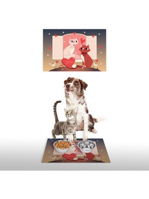 Water Food Kedi Köpek Gece Desenli Dijital Baskılı 35X50CM Dekoratif Çok Amaçlı Iç ve Dış Kapı Paspası Mama Paspası