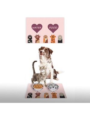 Water Food Kedi Köpek Pembe Patili Kalp Dijital Baskılı 35X50 Dekoratif Çok Amaçlı Mama Altlığı Mama Paspası