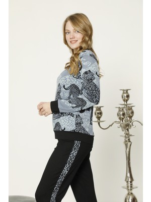Confeo Jaguar Desenli Uzun Kol Şerit Detaylı Pijama Takımı