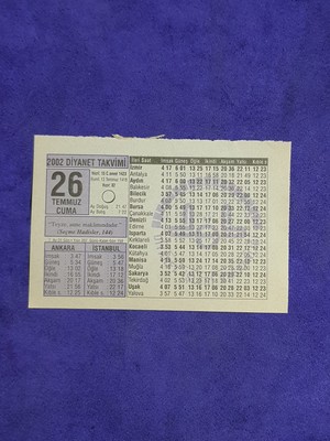 Hasyılmaz 26 Temmuz 2002 Takvim Yaprağı - Nostalji Koleksiyonluk Takvim Yaprağı A