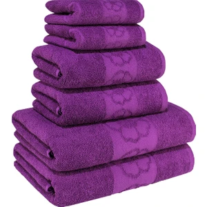 Textile Colors Menekşe Desenli  Pamuk Banyo Havlu Seti 6 Adet, 2 Banyo Havlusu, 2 El Havlusu, ve 2 Yüz Havlusu, -Comfort- Violet,
