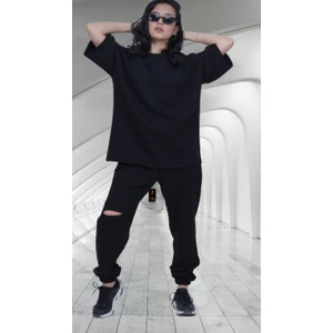 Amor Woman Kısa Kollu Yazlık Diz Yırtık Detaylı Oversize Dış Mekan Kadın Eşofman Takımı