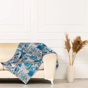 Mavi Lacivert Renkli Geometrik Desen Dokuma Dijital Baskılı Kadife Şönil Koltuk Şalı Örtüsü Battal Boy 175X300CM