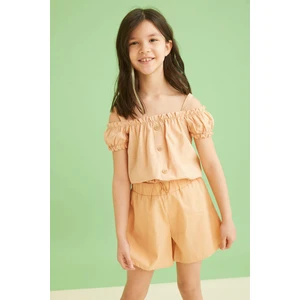 Kız Çocuk Regular Fit Kısa Kollu Keten Görünümlü Kısa Kollu Bluz T4062A621SM