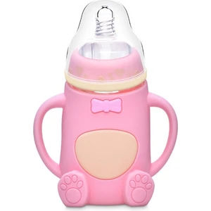 Bebek Silikon Cam Şişeler Damla Geçirmez ve Şişkinlik Geçirmez Cam Bebek Şişe (Stil 2 Pembe)
