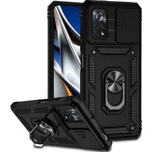 Xiaomi Poco X4 Pro 5g Için Halka Ayaklı ve Kayar Kamera Kapaklı Telefon Koruyucu Kılıf Siyah (Yurt Dışından)