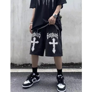Amor Man Haç Baskılı %100 Pamuk Özel Tasarım Sokak Stili Hip Hop Erkek Bermuda Şort
