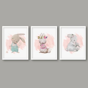 Bianne Atölyesi 3'lü Tavşan Ailesi Bebek ve Çocuk Odası Pano Seti Beyaz Çerçeve 25X25