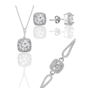 Söğütlü Silver Gümüş Rodyumlu Zirkon Taşlı Kare Kolye Küpe ve Bileklikten Oluşan Üçlü Set