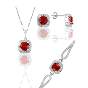 Söğütlü Silver Gümüş Rodyumlu Kırmızı Taşlı Kare Kolye Küpe ve Bileklikten Oluşan Üçlü Set