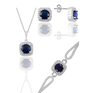 Söğütlü Silver Gümüş Rodyumlu Safir Taşlı Kare Kolye Küpe ve Bileklikten Oluşan Üçlü Set
