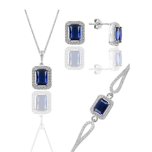 Söğütlü Silver Gümüş Rodyumlu Safir Taşlı Baget Kesim Üçlü Set