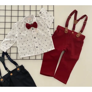 Derin Bebe Papyonlu Pantolon Askılı Gömlekli Takım Bordo