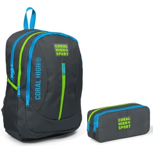 Coral High Sport Gri Yeşil Okul Çantası ve Kalemlik Seti - Dört Bölmeli - USB Çıkışlı