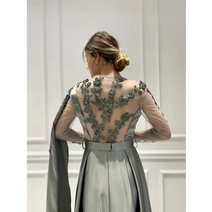 Abiye Sarayı Yeşil Transparan Sırt Detaylı Saten Abiye