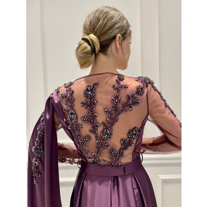 Abiye Sarayı Mor Transparan Sırt Detaylı Saten Abiye