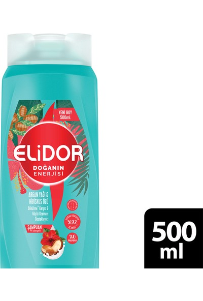 Elidor Doğanın Enerjisi Saç Bakım Şampuanı Argan Yağı ve Hibiskus Özü Dökülme Karşıtı ve Güçlü Uzamayı Destekleyici 500 ml